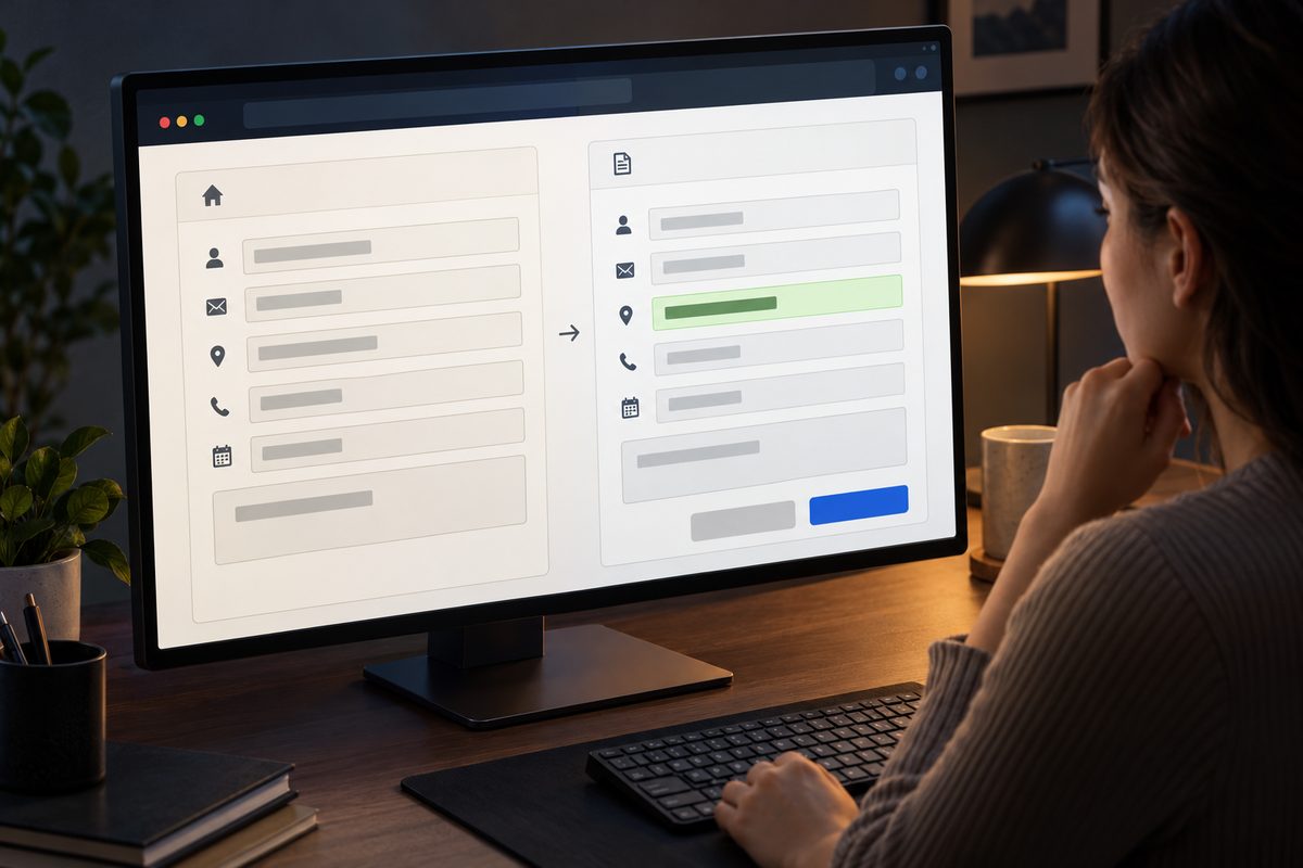 Illustrative website form with proposed field changes awaiting review.